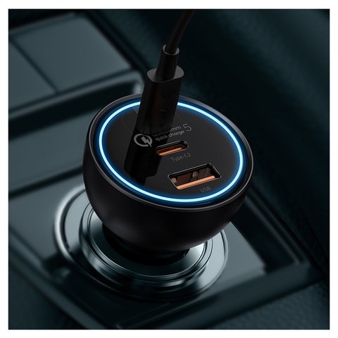 Автомобільний зарядний пристрій Baseus Qualcomm Quick Charge 5 Technology, чорне, Quick Charge, з кабелем USB тип-C до USB тип-C, 160 Вт, 3 порта, 12-24 B, #TZCCZM-0G Прев'ю 1