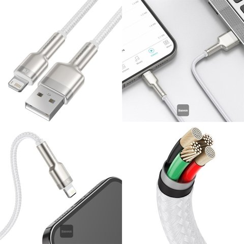 USB кабель Baseus Cafule Series Metal, USB тип-A, Lightning, 100 см, 2,4 А, білий, в нейлоновому обплетенні, #CALJK-A02 Прев'ю 1