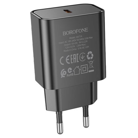 Сетевое зарядное устройство Borofone BA71A, 20 Вт, черный, 1 порт, #6974443387957 Превью 1