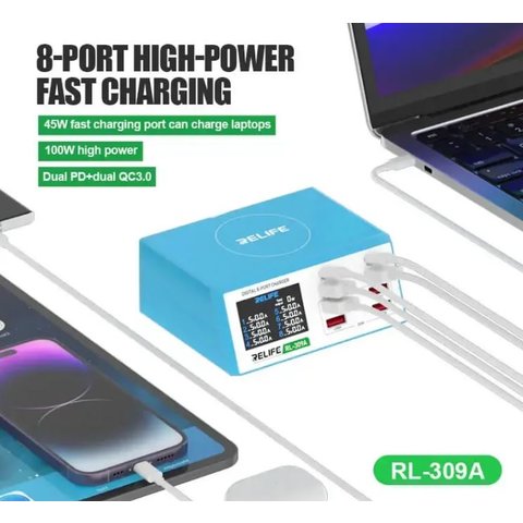 Сетевое зарядное устройство RELIFE RL-309A, 100 Вт, Power Delivery (PD), с дисплеем, 8 портов Превью 1