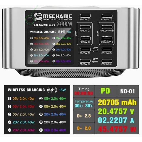 Adaptador de red Mechanic X-Power Max, 300 W, Power Delivery (PD), con cargador inalámbrico, 10 puertos Vista previa  2