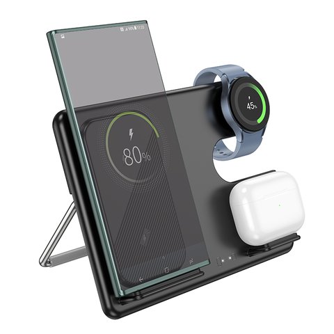 Безпровідний зарядний пристрій Hoco CQ2 3-in-1, Quick Charge, чорне, USB тип-C, 15 Вт, розкладне, настільний, SAM watch, #6942007602327 Прев'ю 1