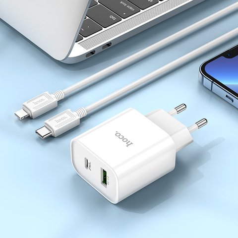 Мережевий зарядний пристрій Hoco C80A Plus, 20 Вт, Power Delivery (PD), білий, з кабелем Lightning для Apple, 2 порта, #6931474779892 Прев'ю 3