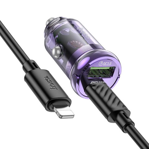 Автомобильное зарядное устройство Hoco Z53A, фиолетовое, прозрачное, Power Delivery (PD), c кабелем USB тип-C к Lightning для Apple, 30 Вт, 2 порта, 12-24 B, #6942007611336 Превью 2